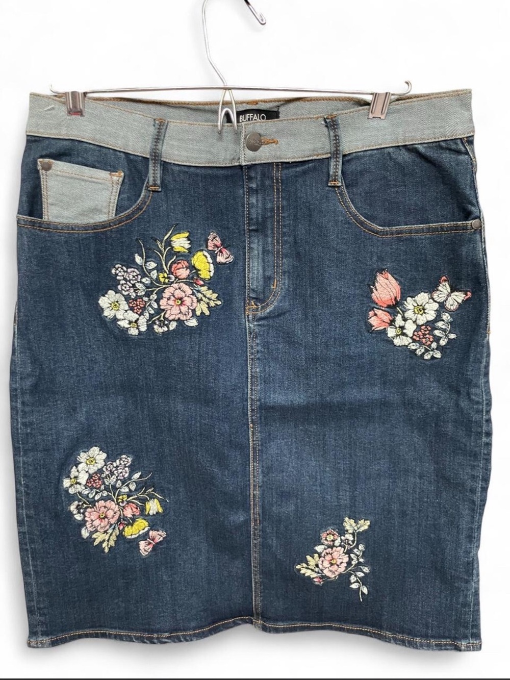 Buffalo David Bitton Embroidered Dark Blue Denim Midi Skirt